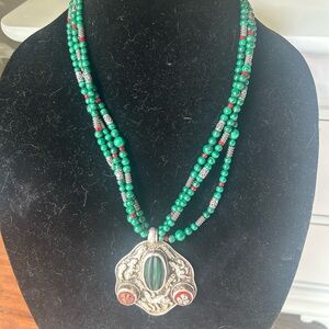 Malachite & red Beaded Triple Strand Necklace w/Ornate Silver-Tone Pendant